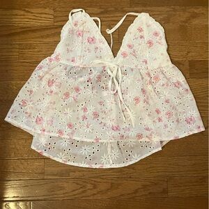 Large with pink floral whimsy top, ties at neck, size large K